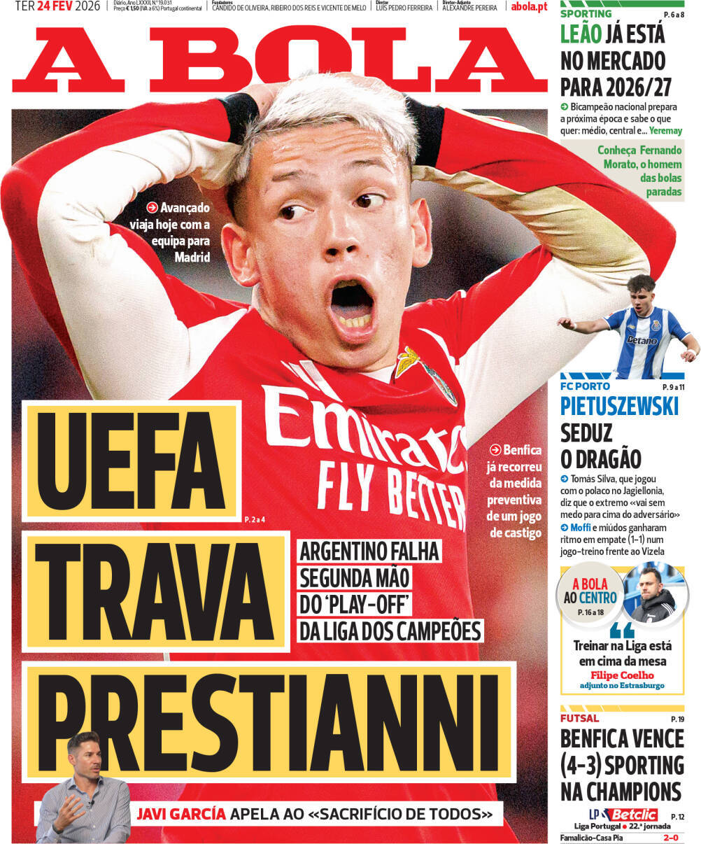 A Bola: Capa da Edi&ccedil;&atilde;o de ter&ccedil;a-feira, 24 de fevereiro 2026