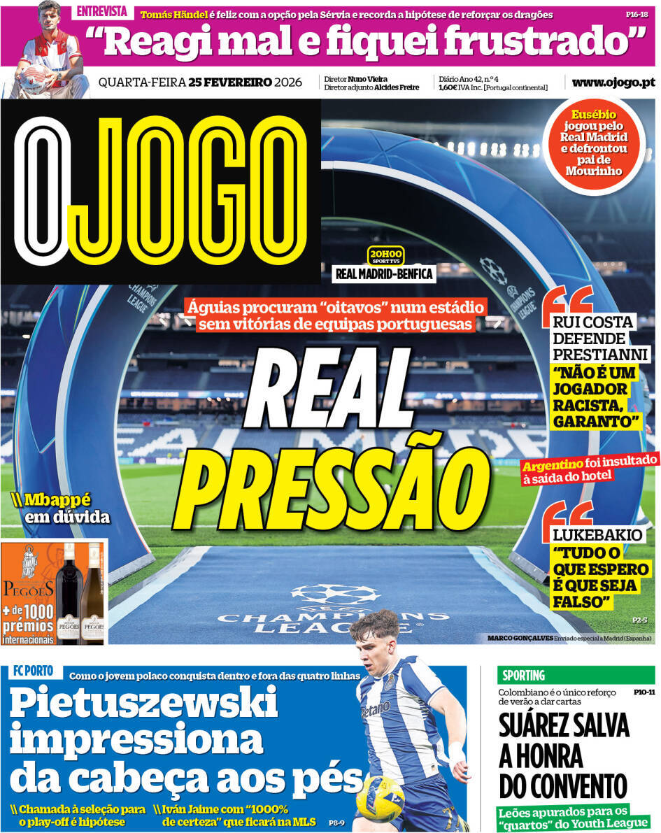 O Jogo: Capa da Edi&ccedil;&atilde;o de quarta-feira, 25 de fevereiro 2026