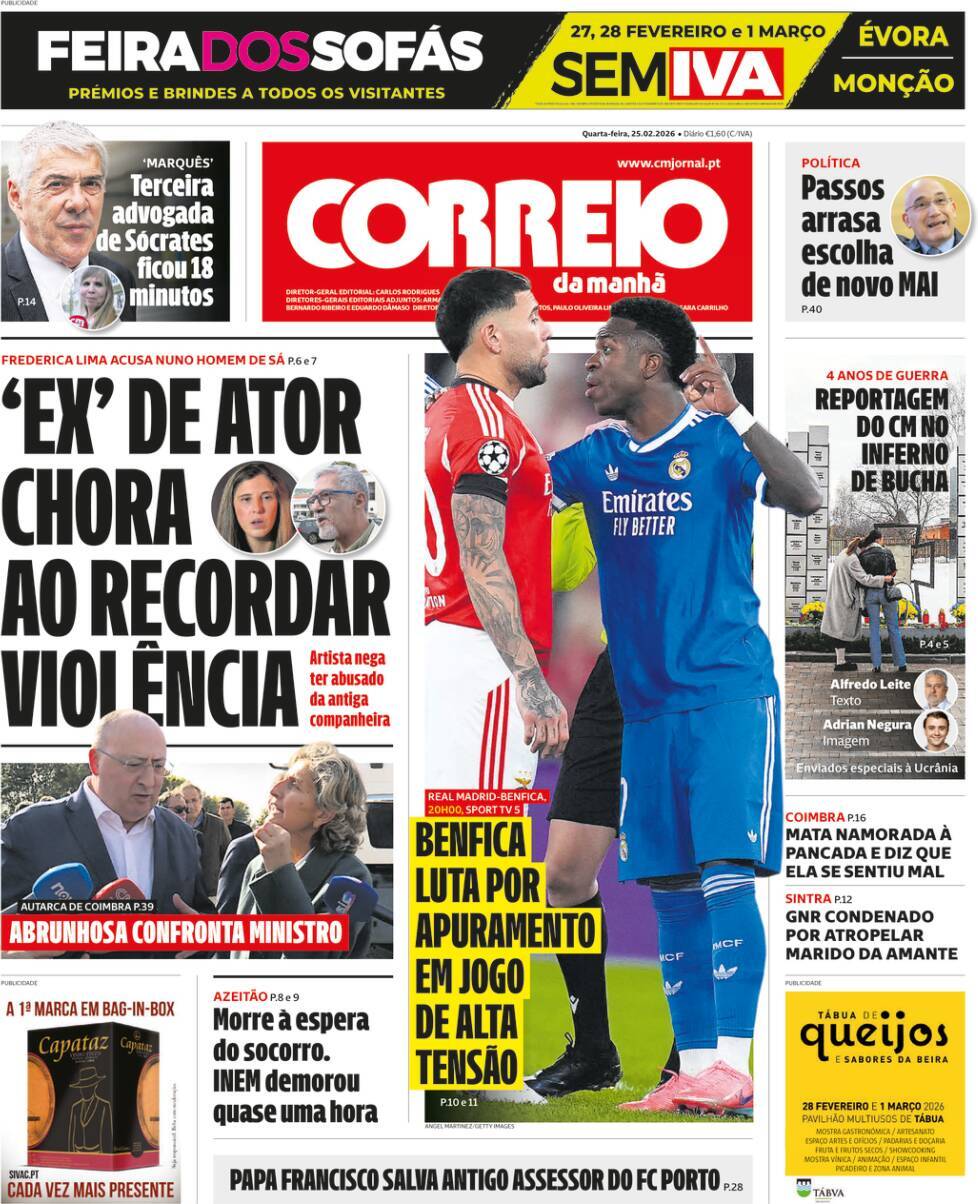 Correio da Manh&atilde;: Capa da Edi&ccedil;&atilde;o de quarta-feira, 25 de fevereiro 2026