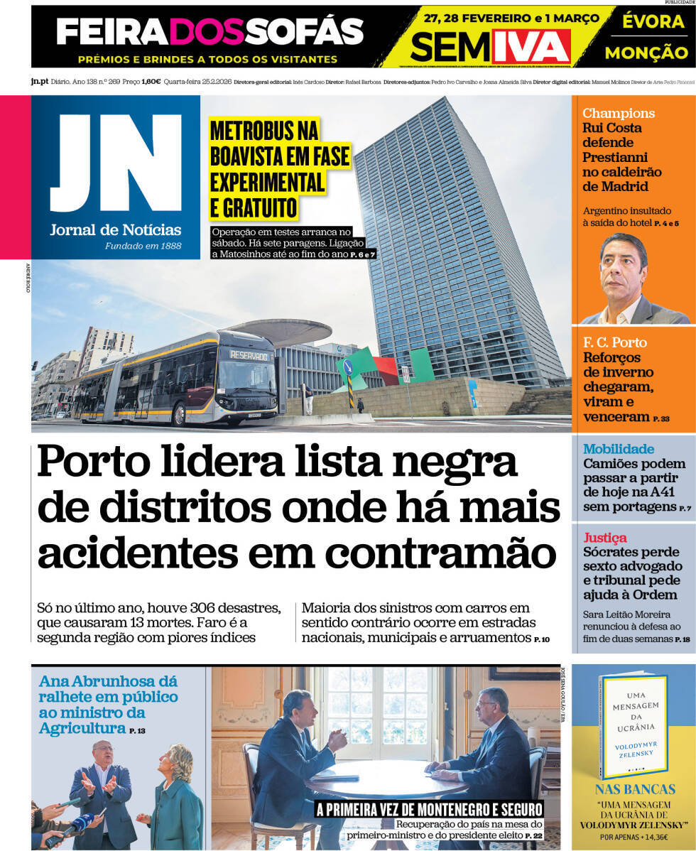 Jornal de Not&iacute;cias: Capa da Edi&ccedil;&atilde;o de quarta-feira, 25 de fevereiro 2026