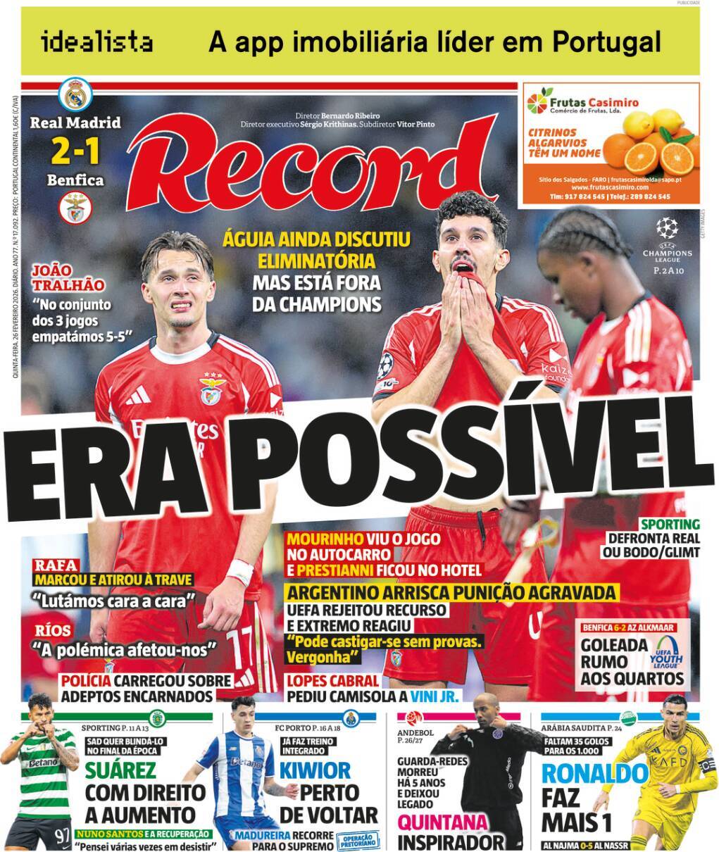 Record: Capa da Edi&ccedil;&atilde;o de quinta-feira, 26 de fevereiro 2026