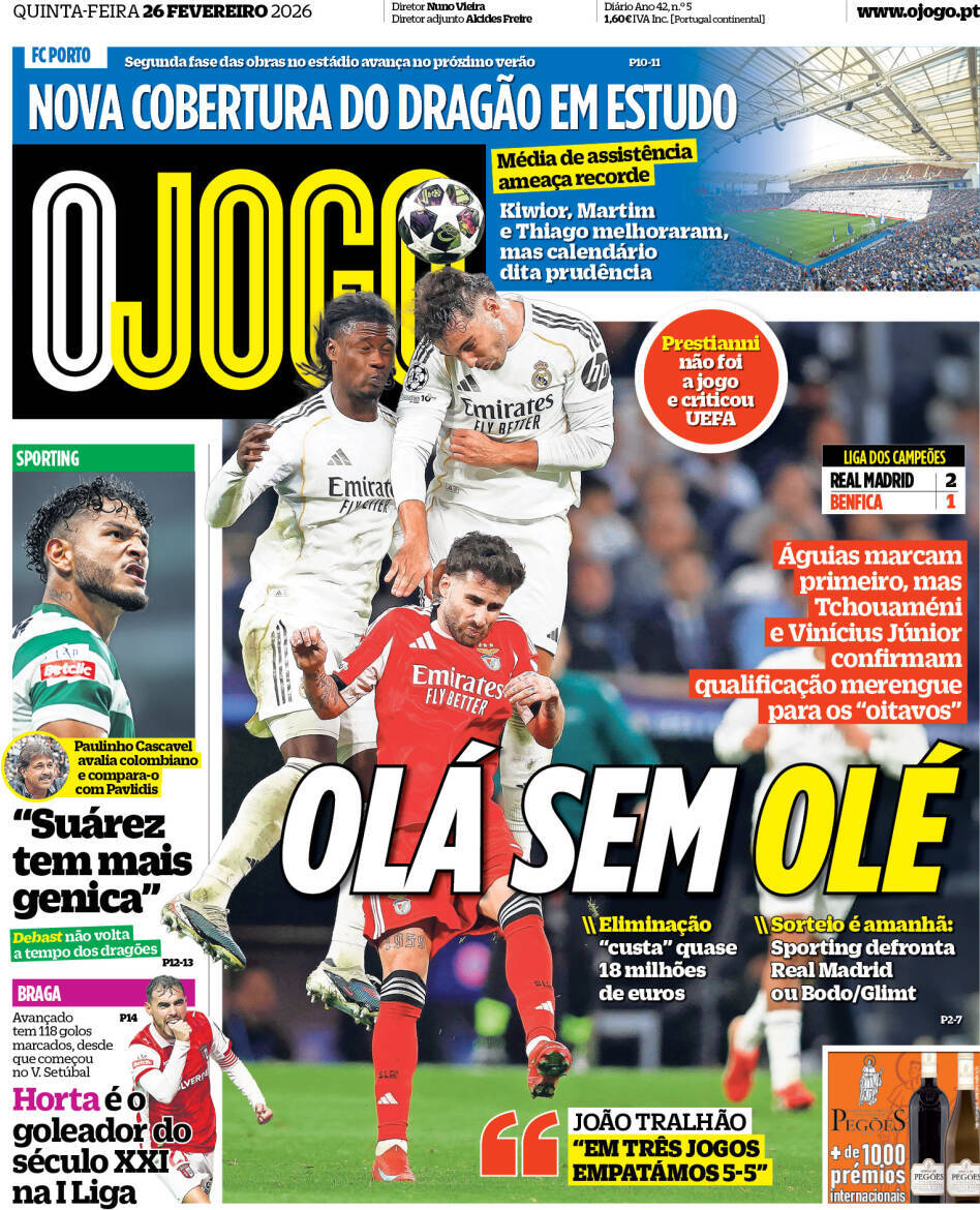 O Jogo: Capa da Edi&ccedil;&atilde;o de quinta-feira, 26 de fevereiro 2026