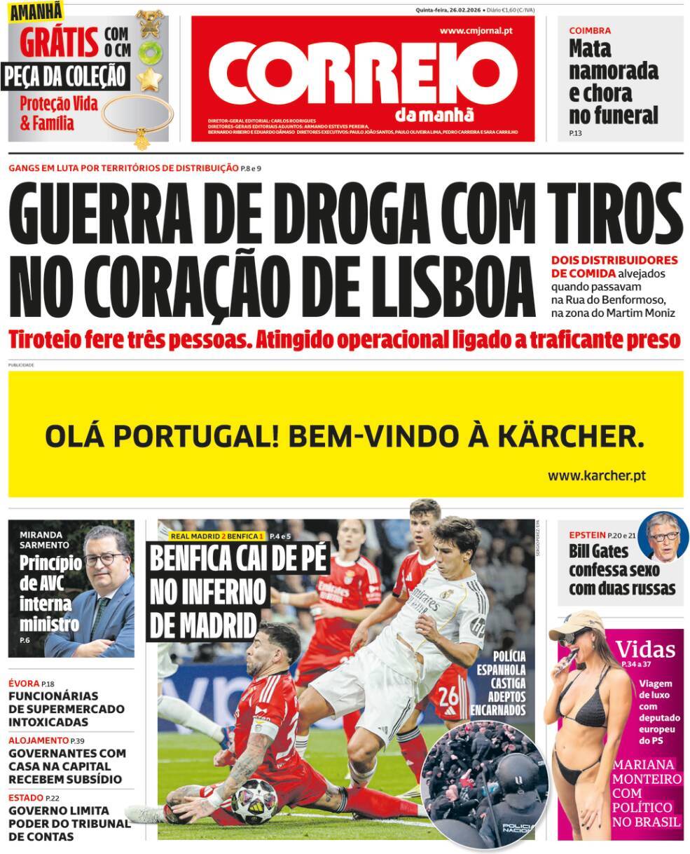 Correio da Manh&atilde;: Capa da Edi&ccedil;&atilde;o de quinta-feira, 26 de fevereiro 2026