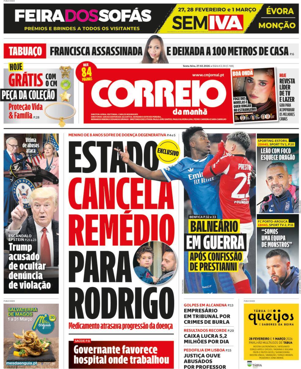 Correio da Manh&atilde;: Capa da Edi&ccedil;&atilde;o de sexta-feira, 27 de fevereiro 2026