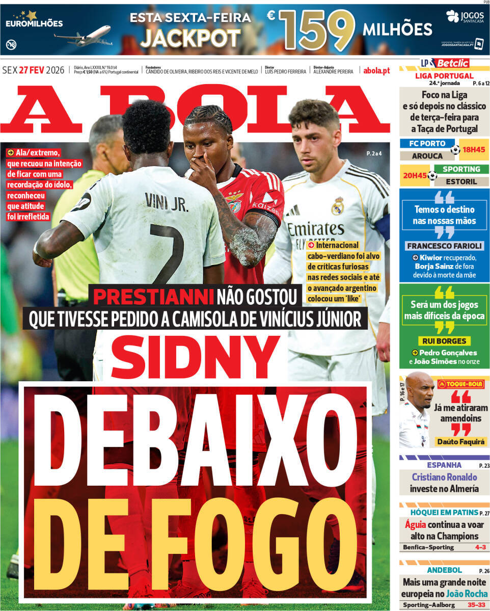 A Bola: Capa da Edi&ccedil;&atilde;o de sexta-feira, 27 de fevereiro 2026