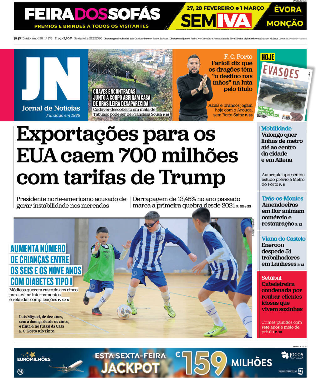 Jornal de Not&iacute;cias: Capa da Edi&ccedil;&atilde;o de sexta-feira, 27 de fevereiro 2026