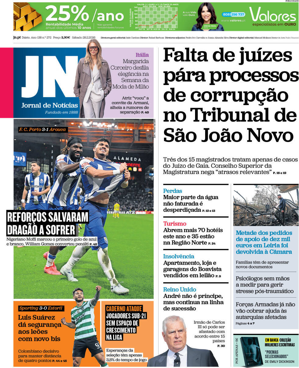 Jornal de Not&iacute;cias: Capa da Edi&ccedil;&atilde;o de s&aacute;bado, 28 de fevereiro 2026
