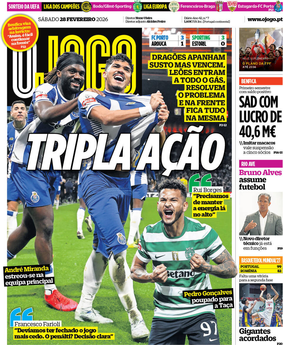 O Jogo: Capa da Edi&ccedil;&atilde;o de s&aacute;bado, 28 de fevereiro 2026