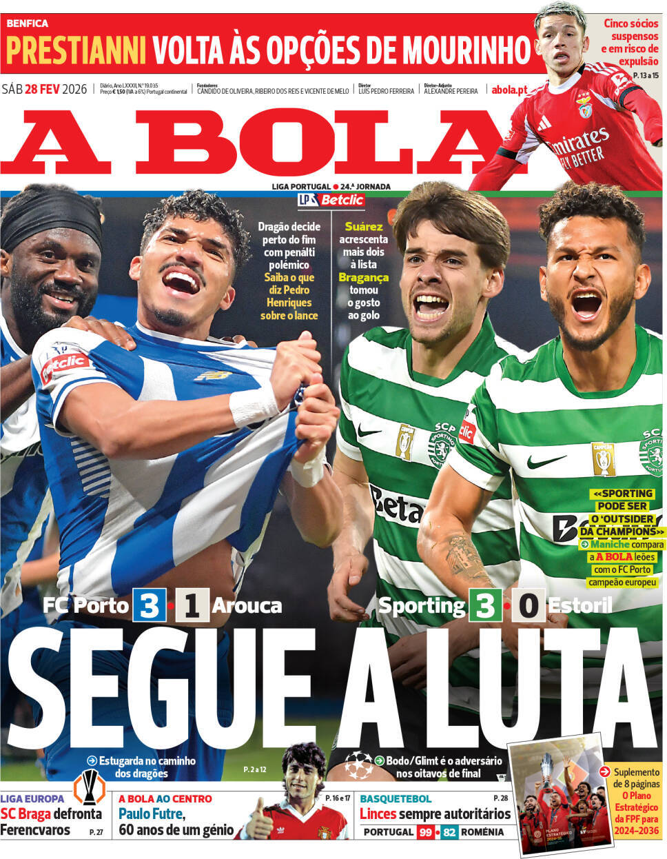 A Bola: Capa da Edi&ccedil;&atilde;o de s&aacute;bado, 28 de fevereiro 2026
