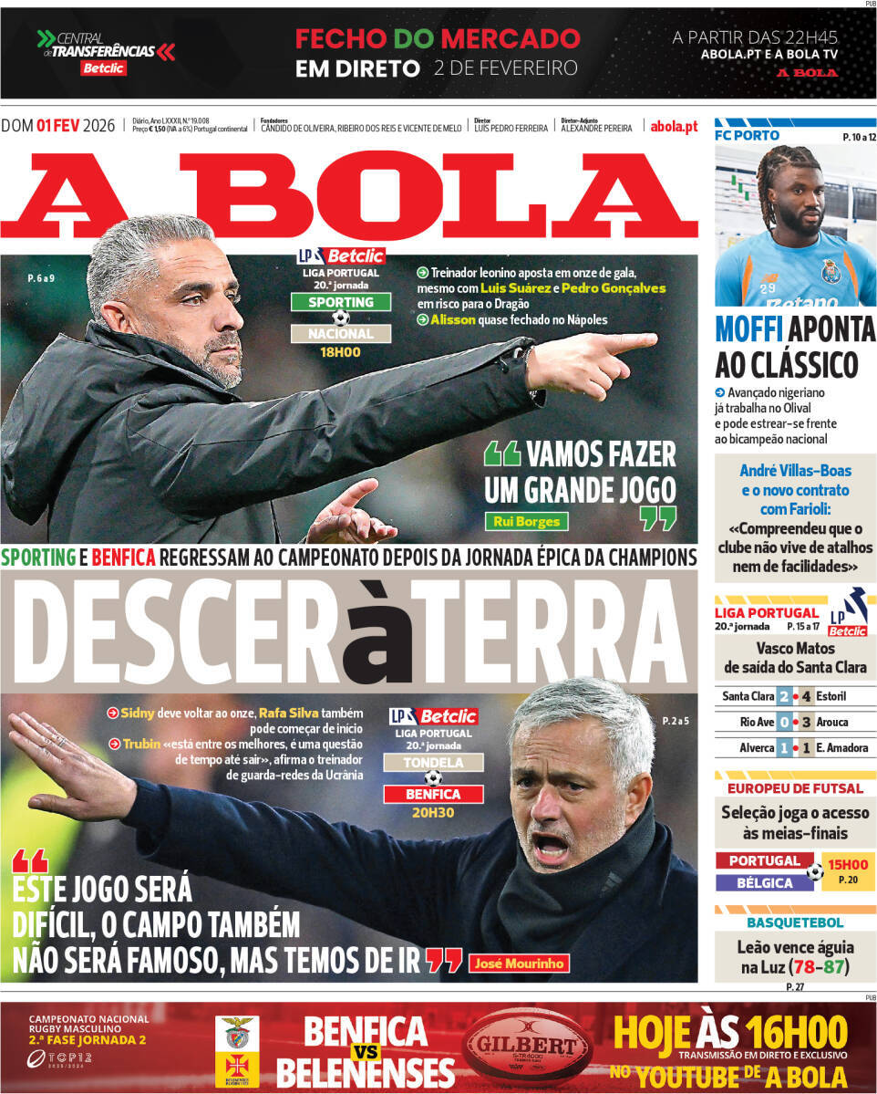 A Bola: Capa da Edi&ccedil;&atilde;o de domingo, 01 de fevereiro 2026