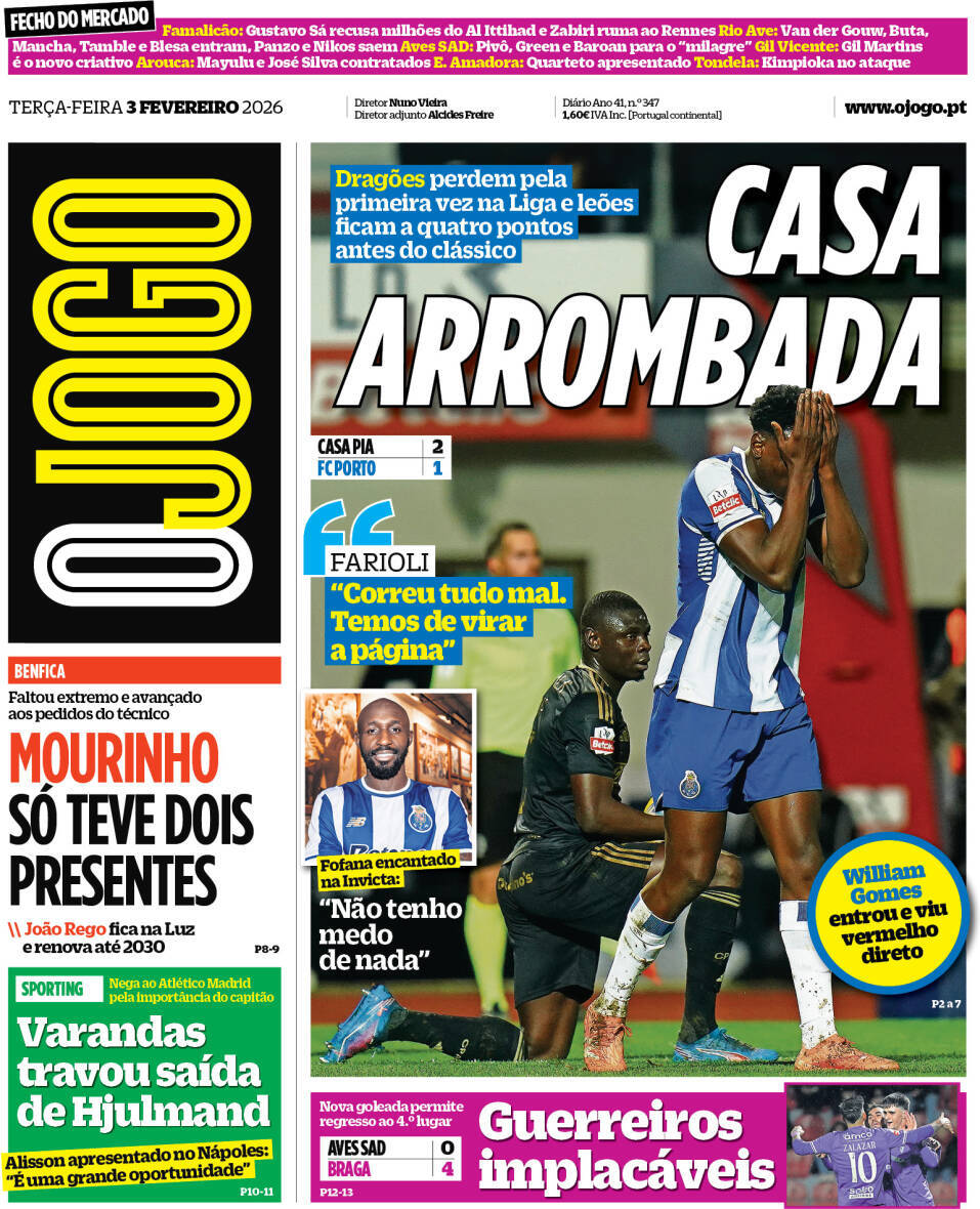 O Jogo: Capa da Edi&ccedil;&atilde;o de ter&ccedil;a-feira, 03 de fevereiro 2026