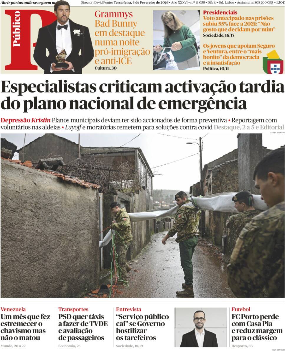 P&uacute;blico: Capa da Edi&ccedil;&atilde;o de ter&ccedil;a-feira, 03 de fevereiro 2026