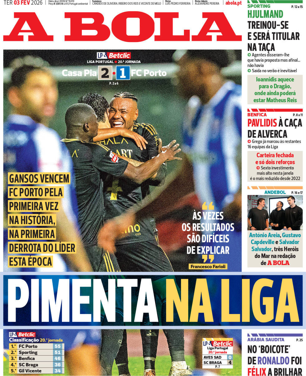 A Bola: Capa da Edi&ccedil;&atilde;o de ter&ccedil;a-feira, 03 de fevereiro 2026