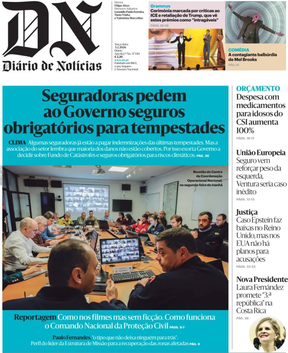 Di&aacute;rio de Not&iacute;cias: Capa da Edi&ccedil;&atilde;o de ter&ccedil;a-feira, 03 de fevereiro 2026