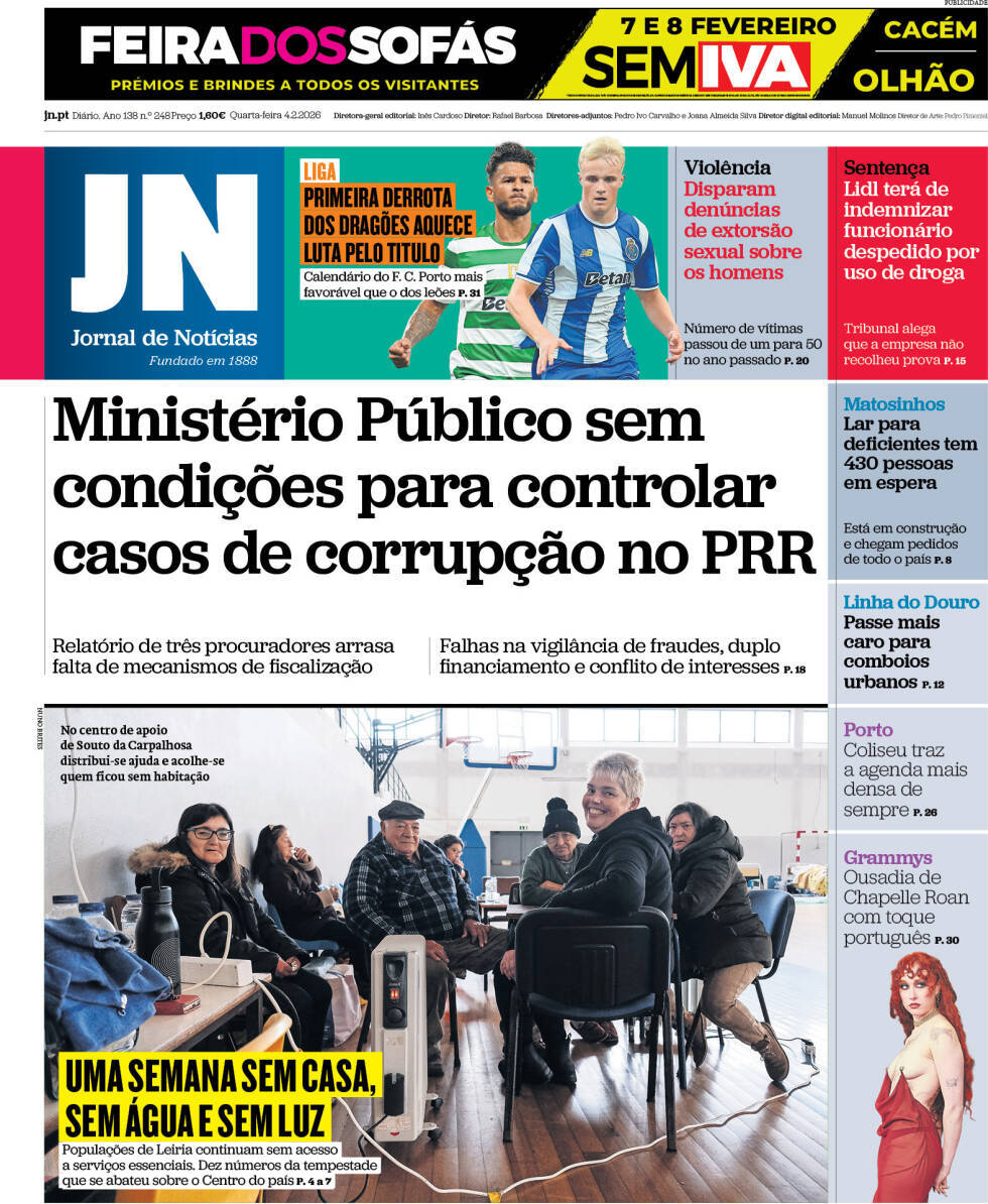 Jornal de Not&iacute;cias: Capa da Edi&ccedil;&atilde;o de quarta-feira, 04 de fevereiro 2026