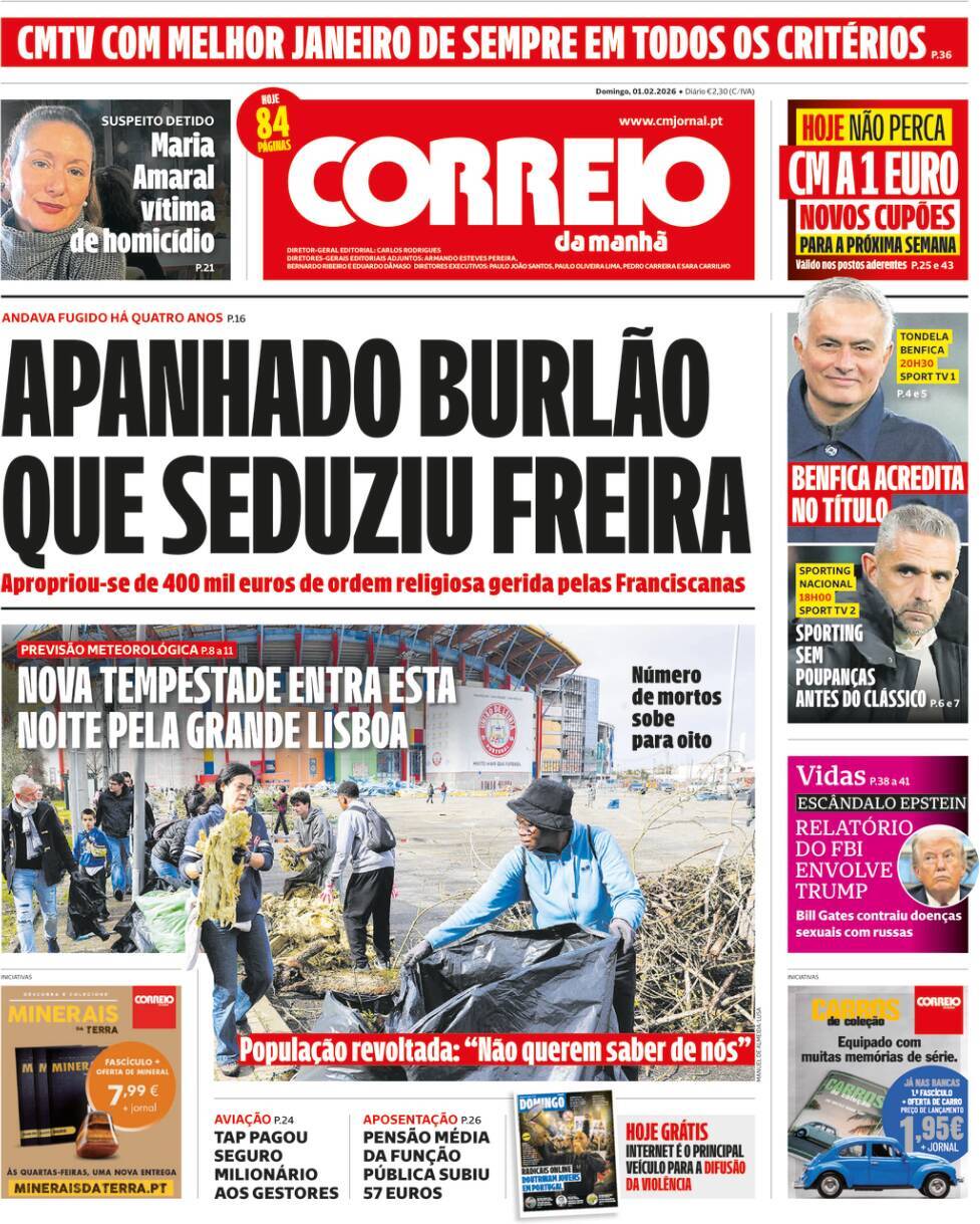 Correio da Manh&atilde;: Capa da Edi&ccedil;&atilde;o de domingo, 01 de fevereiro 2026
