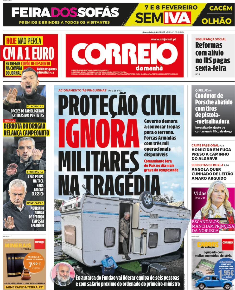 Correio da Manh&atilde;: Capa da Edi&ccedil;&atilde;o de quarta-feira, 04 de fevereiro 2026