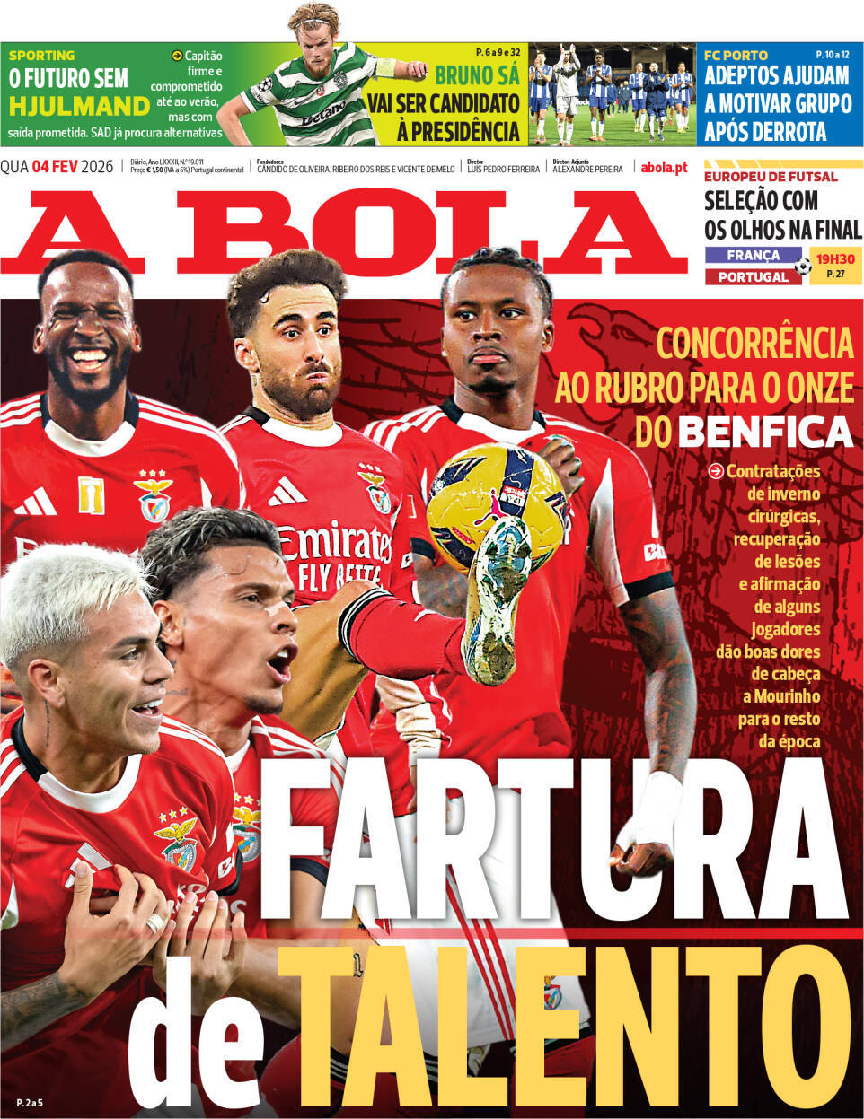 A Bola: Capa da Edi&ccedil;&atilde;o de quarta-feira, 04 de fevereiro 2026