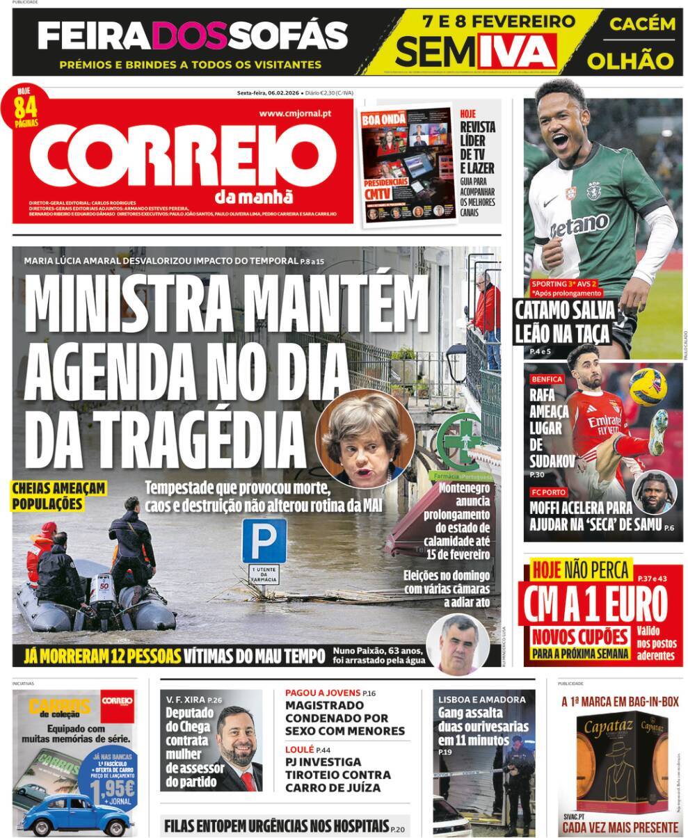Correio da Manh&atilde;: Capa da Edi&ccedil;&atilde;o de sexta-feira, 06 de fevereiro 2026