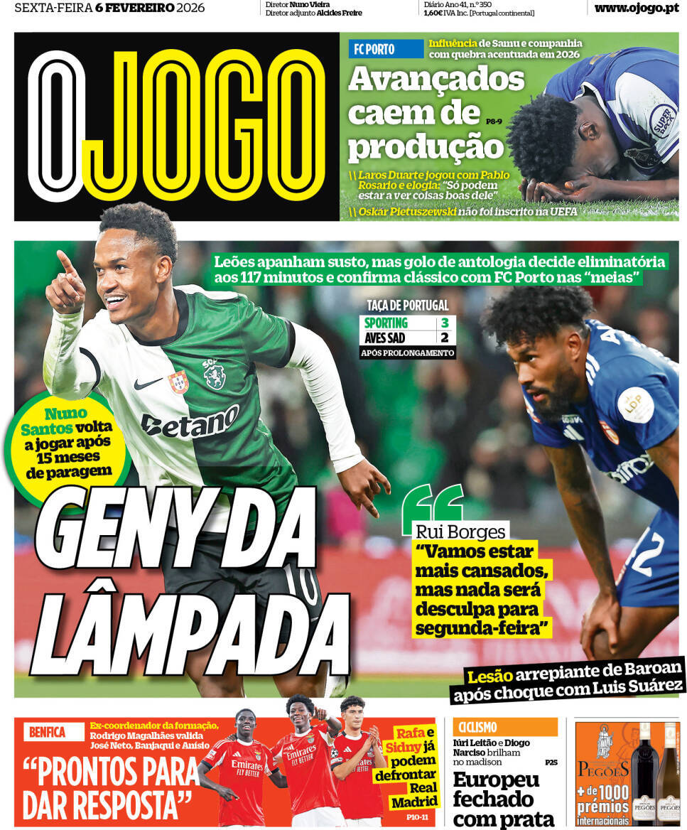 O Jogo: Capa da Edi&ccedil;&atilde;o de sexta-feira, 06 de fevereiro 2026