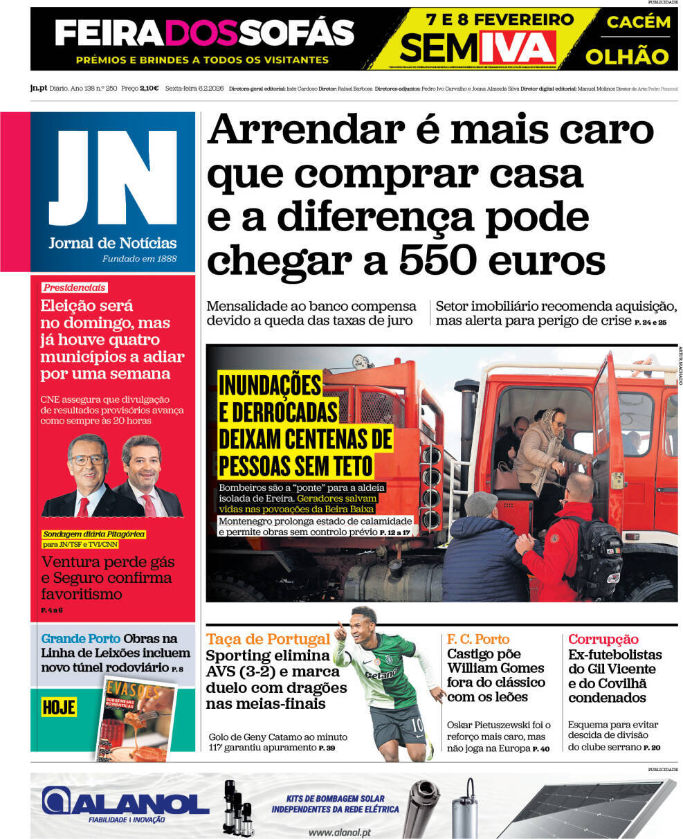 Jornal de Not&iacute;cias: Capa da Edi&ccedil;&atilde;o de sexta-feira, 06 de fevereiro 2026