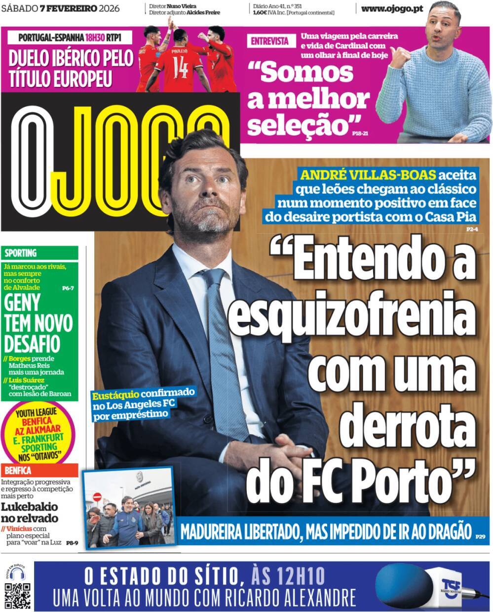 O Jogo: Capa da Edi&ccedil;&atilde;o de s&aacute;bado, 07 de fevereiro 2026
