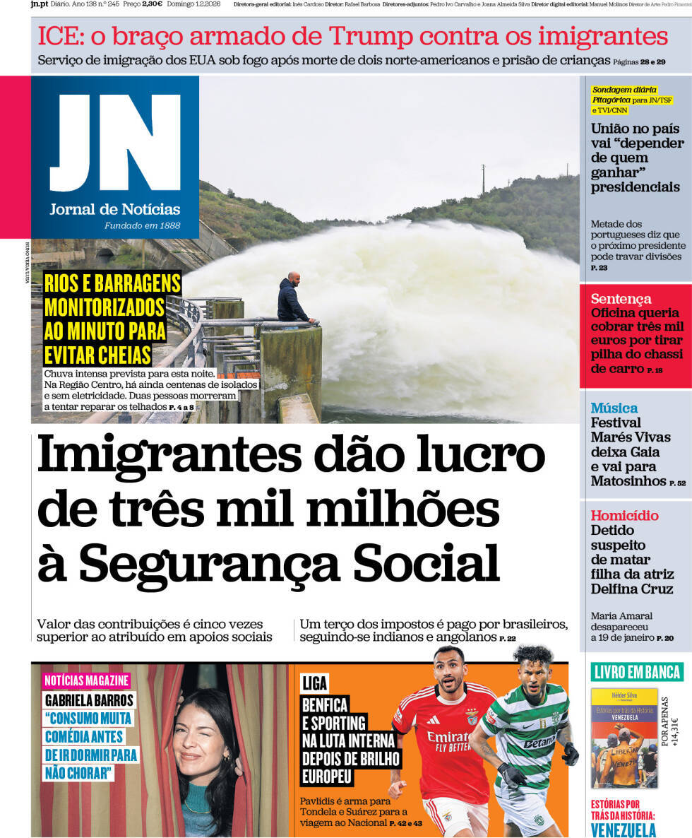 Jornal de Not&iacute;cias: Capa da Edi&ccedil;&atilde;o de domingo, 01 de fevereiro 2026