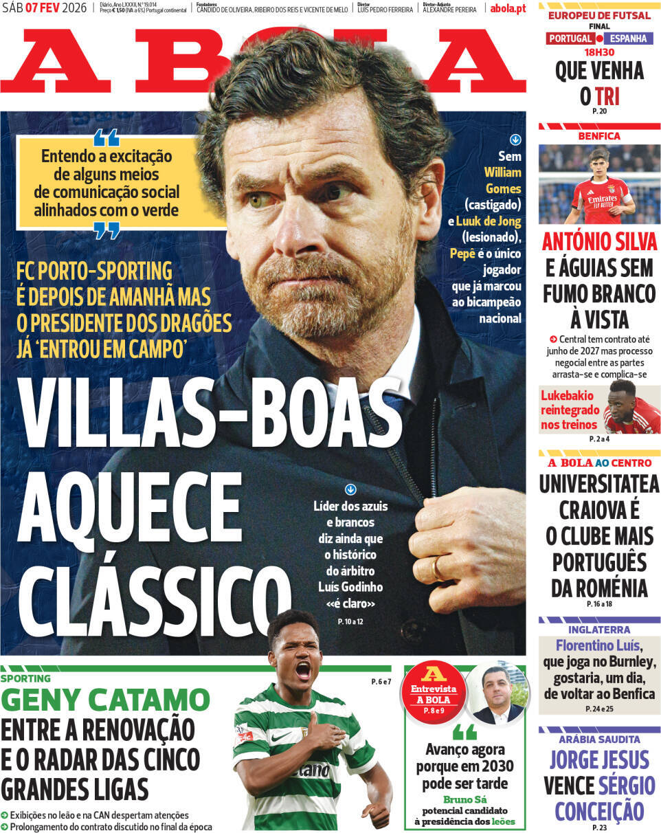 A Bola: Capa da Edi&ccedil;&atilde;o de s&aacute;bado, 07 de fevereiro 2026