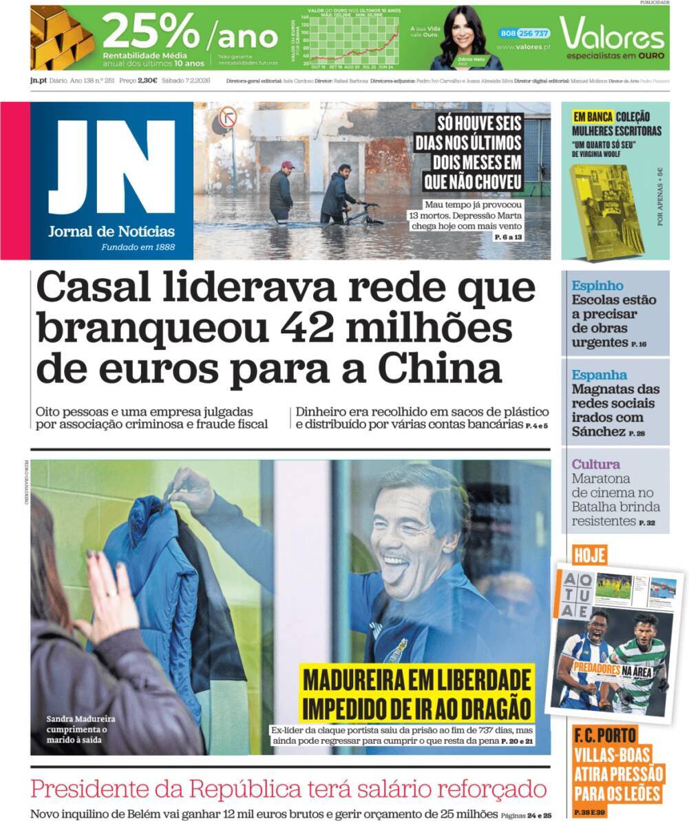 Jornal de Not&iacute;cias: Capa da Edi&ccedil;&atilde;o de s&aacute;bado, 07 de fevereiro 2026
