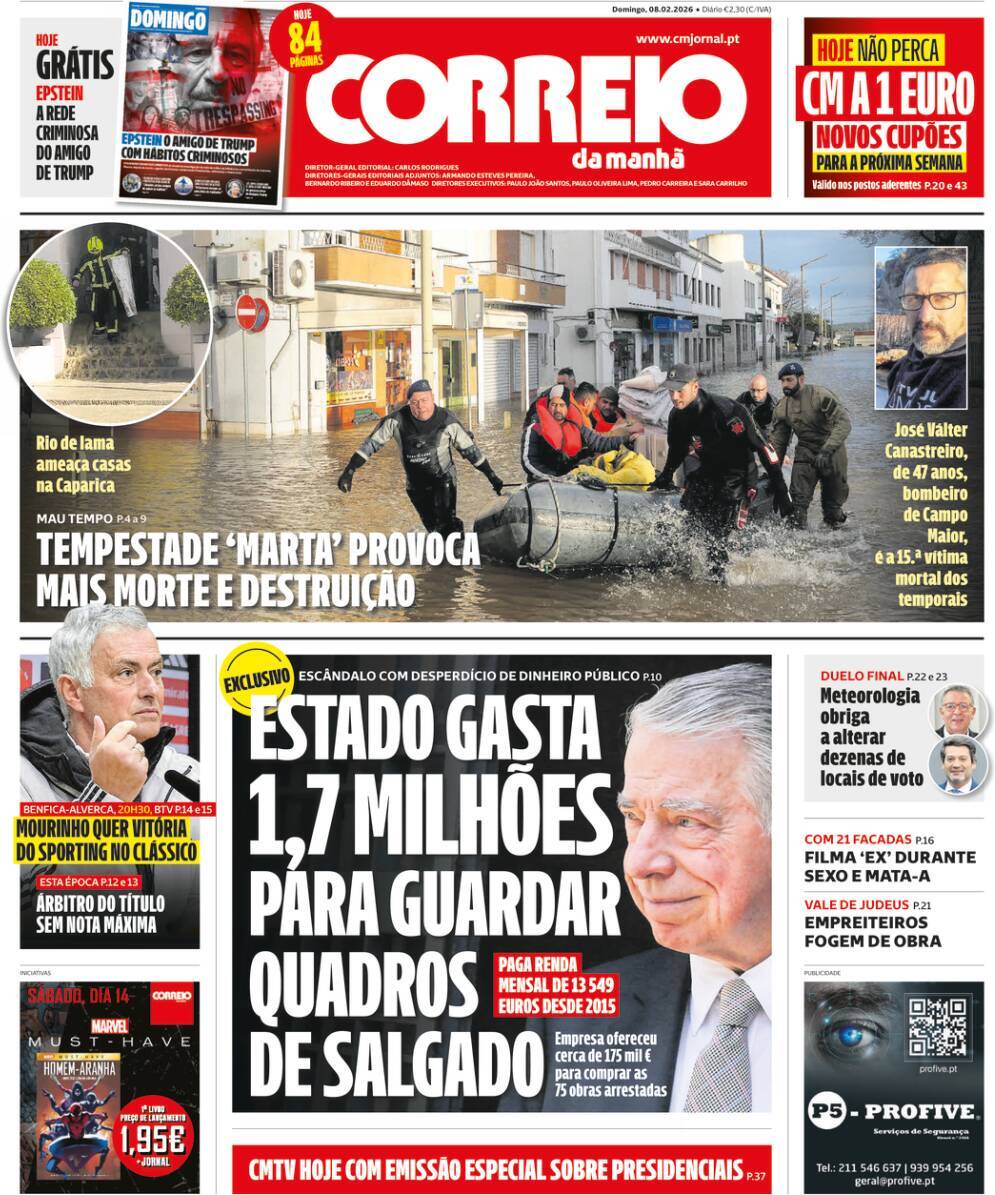 Correio da Manh&atilde;: Capa da Edi&ccedil;&atilde;o de domingo, 08 de fevereiro 2026