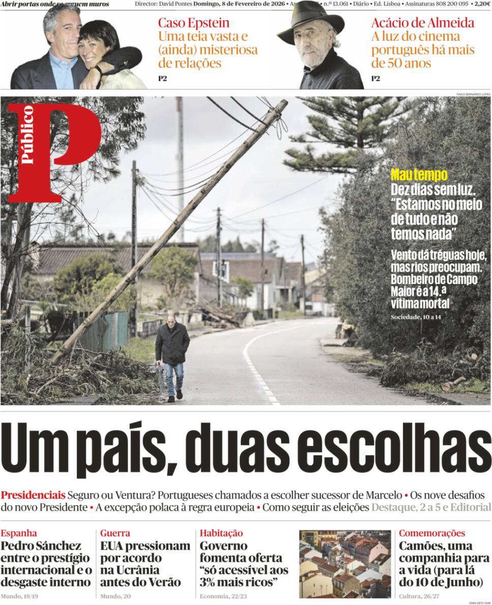 P&uacute;blico: Capa da Edi&ccedil;&atilde;o de domingo, 08 de fevereiro 2026