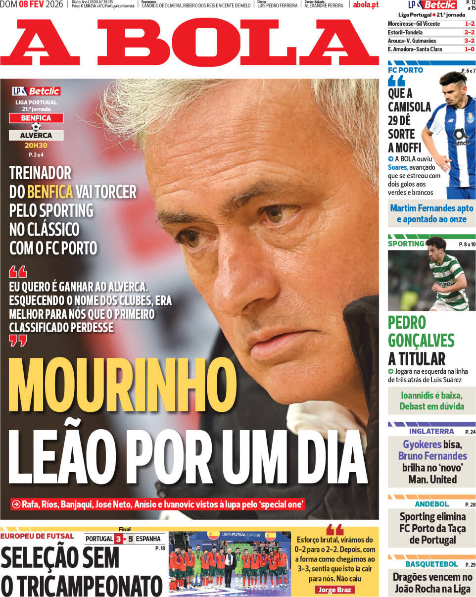 A Bola: Capa da Edi&ccedil;&atilde;o de domingo, 08 de fevereiro 2026