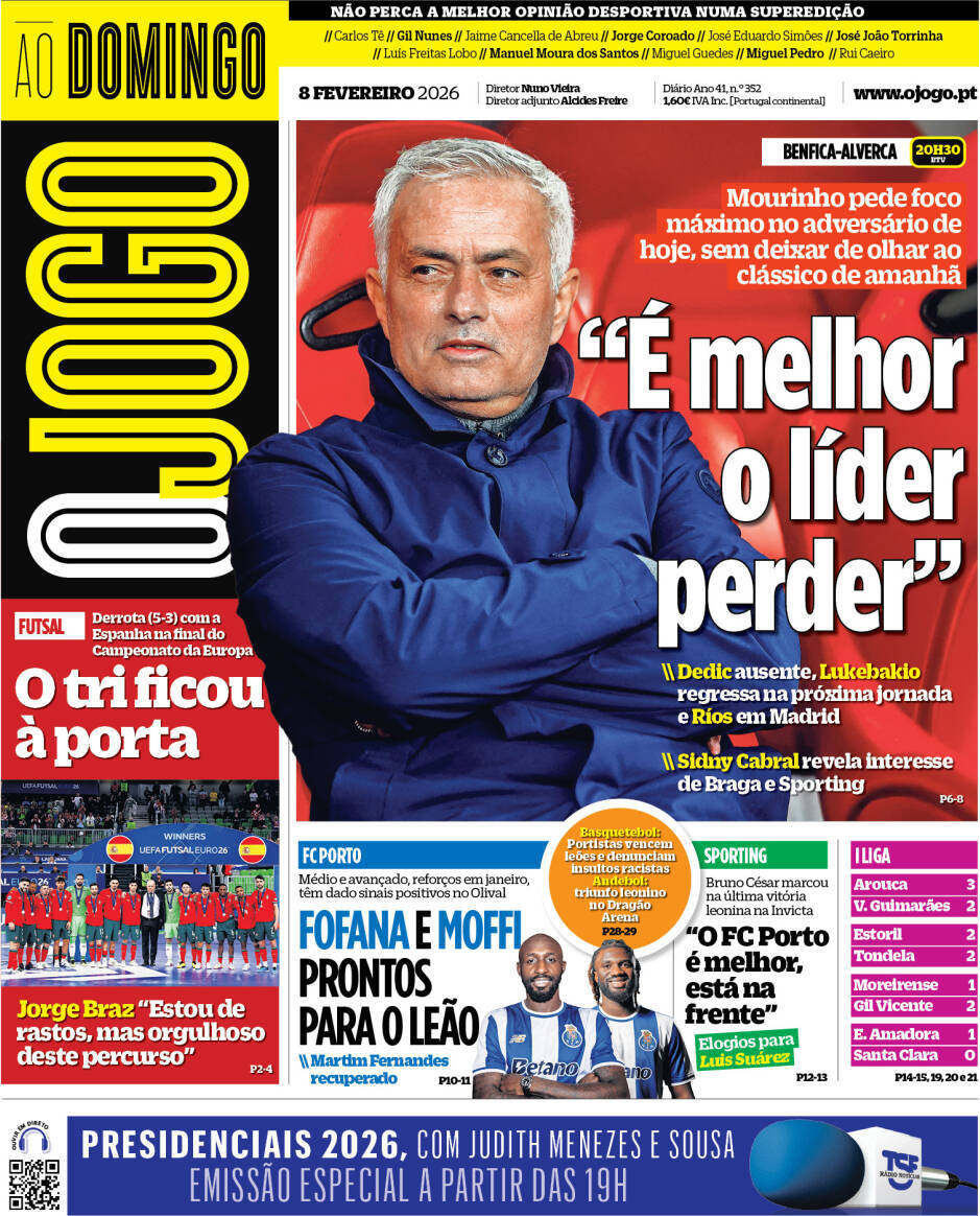 O Jogo: Capa da Edi&ccedil;&atilde;o de domingo, 08 de fevereiro 2026