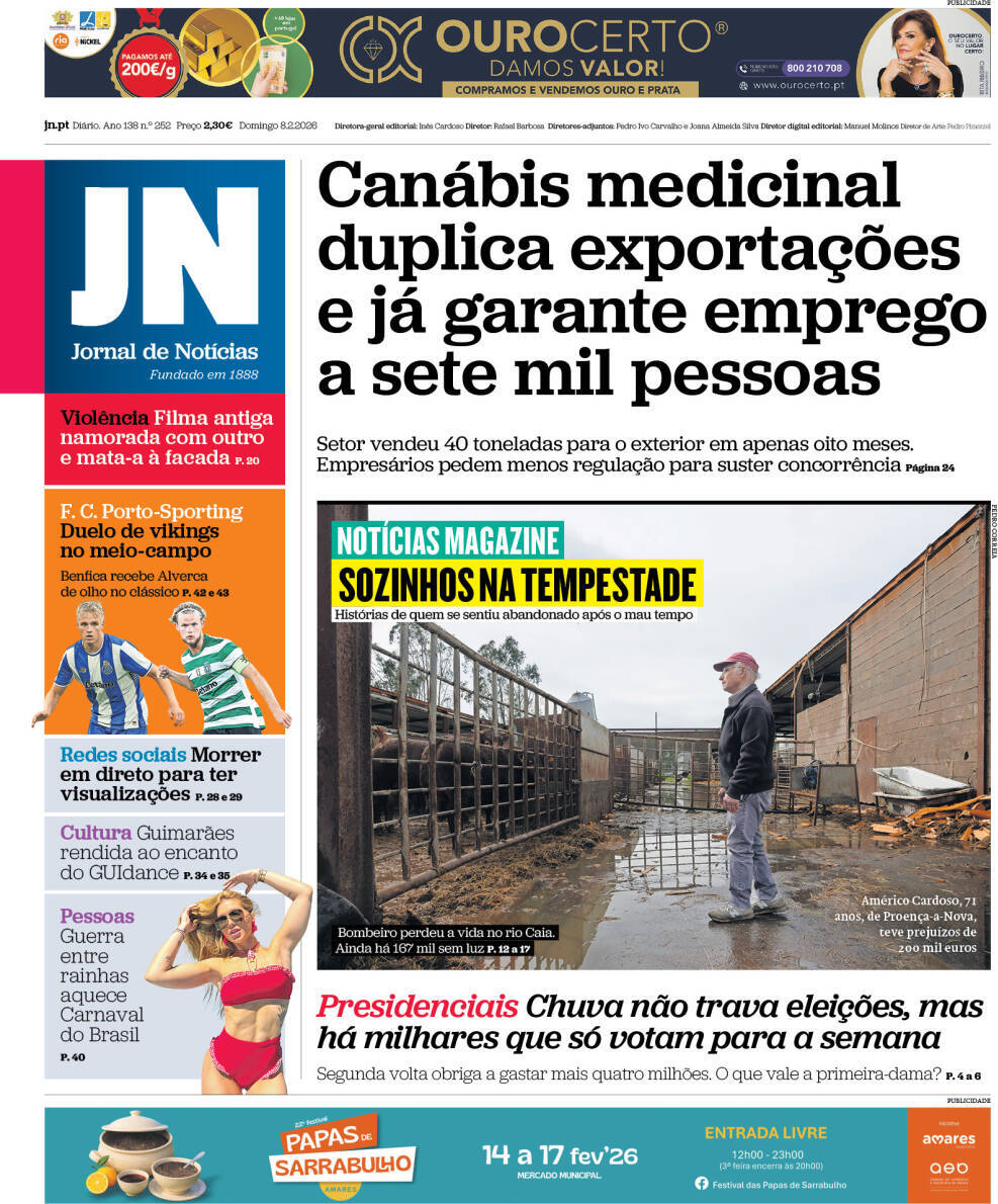 Jornal de Not&iacute;cias: Capa da Edi&ccedil;&atilde;o de domingo, 08 de fevereiro 2026