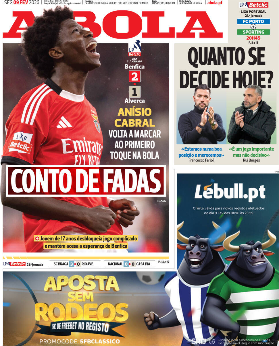 A Bola: Capa da Edi&ccedil;&atilde;o de segunda-feira, 09 de fevereiro 2026