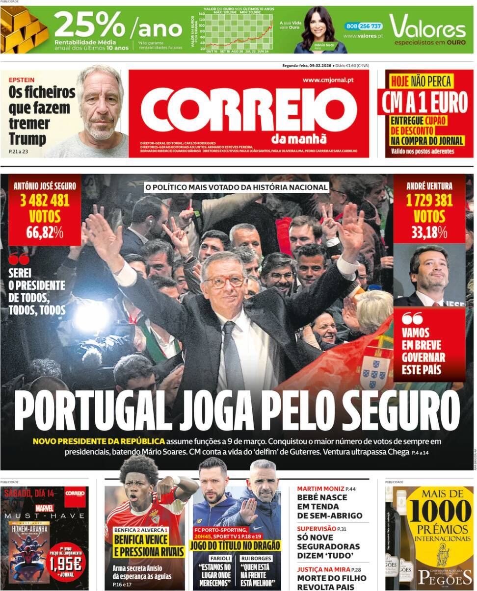 Correio da Manh&atilde;: Capa da Edi&ccedil;&atilde;o de segunda-feira, 09 de fevereiro 2026