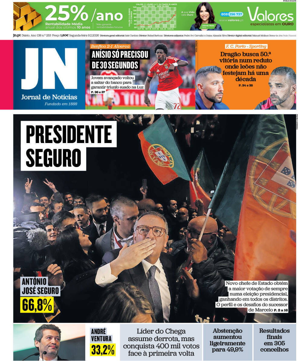 Jornal de Not&iacute;cias: Capa da Edi&ccedil;&atilde;o de segunda-feira, 09 de fevereiro 2026