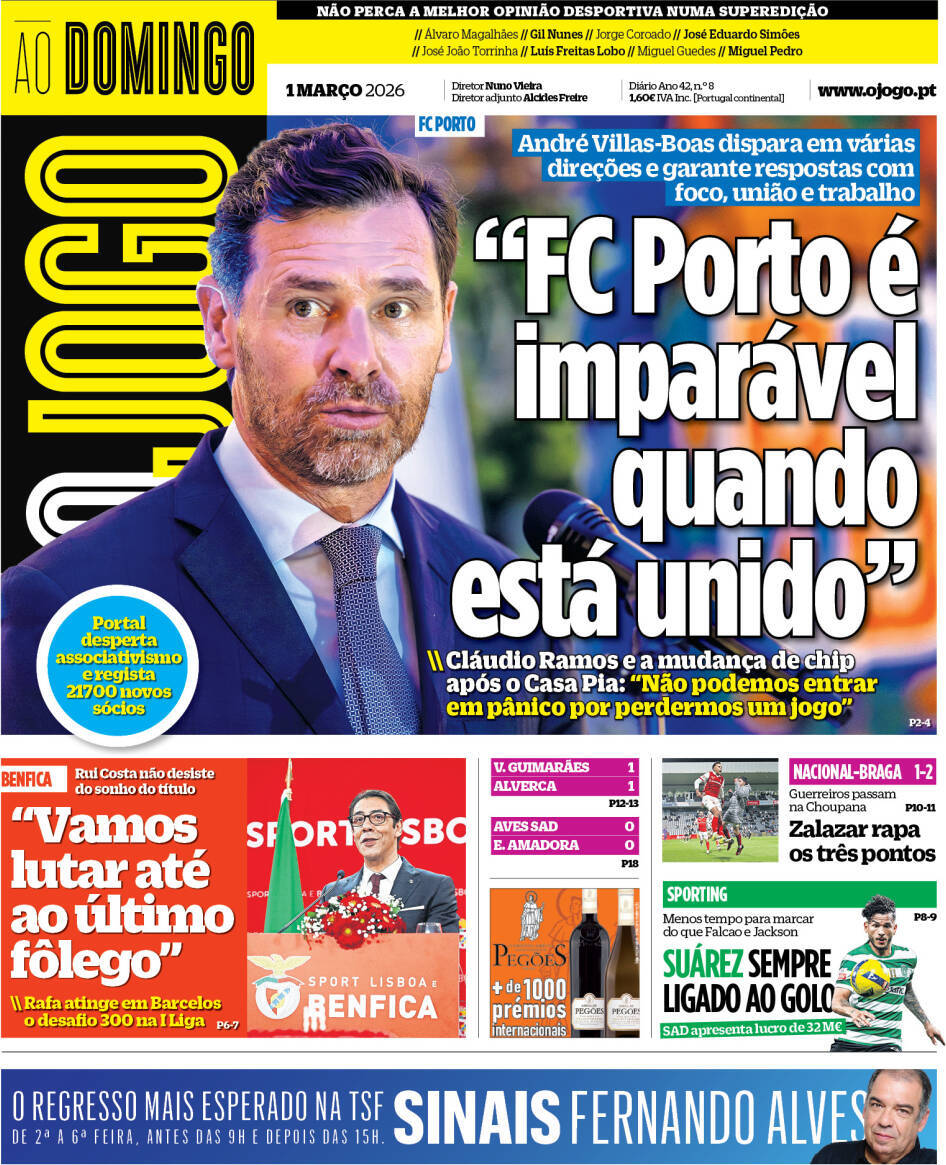 O Jogo: Capa da Edi&ccedil;&atilde;o de domingo, 01 de mar&ccedil;o 2026