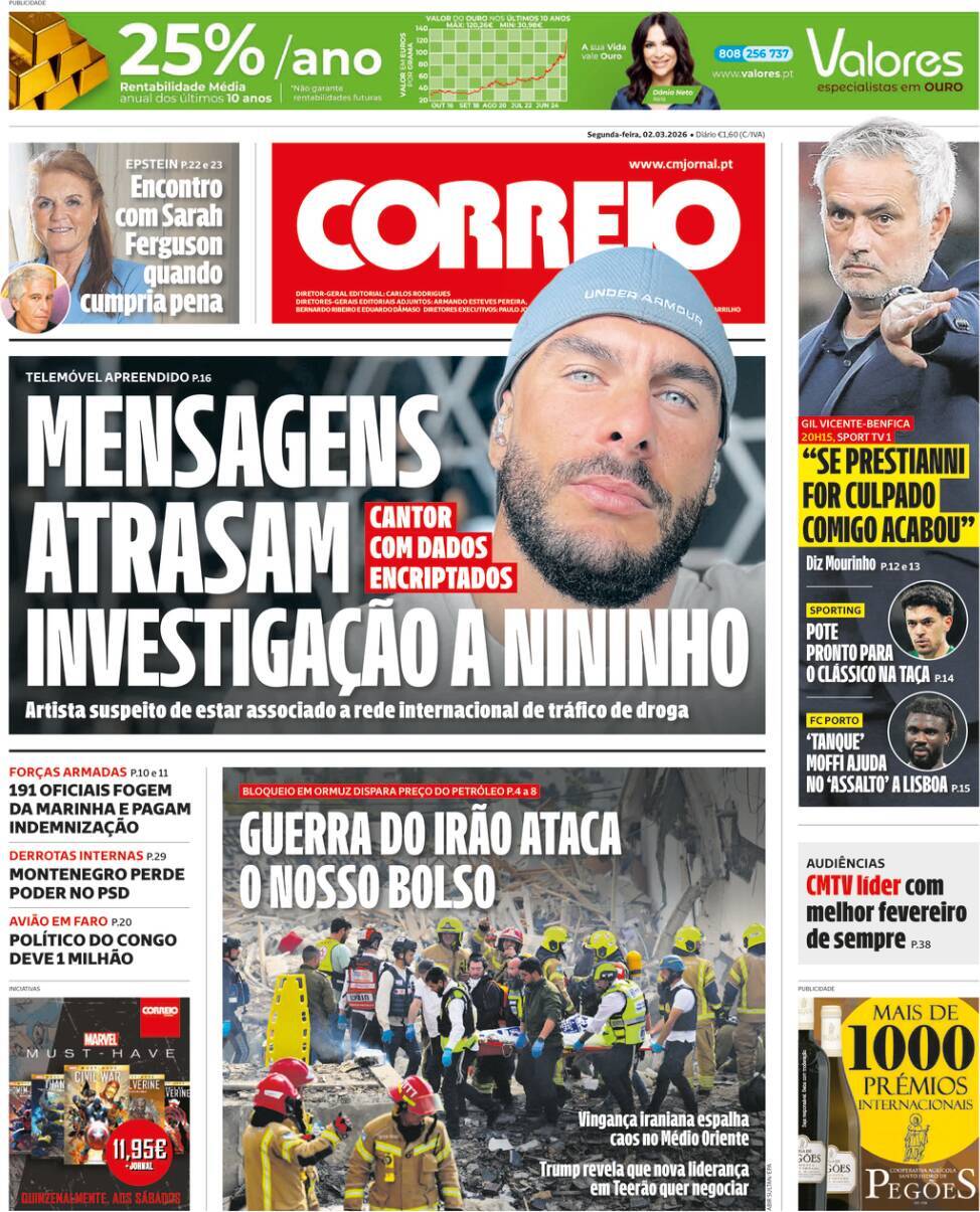Correio da Manh&atilde;: Capa da Edi&ccedil;&atilde;o de segunda-feira, 02 de mar&ccedil;o 2026