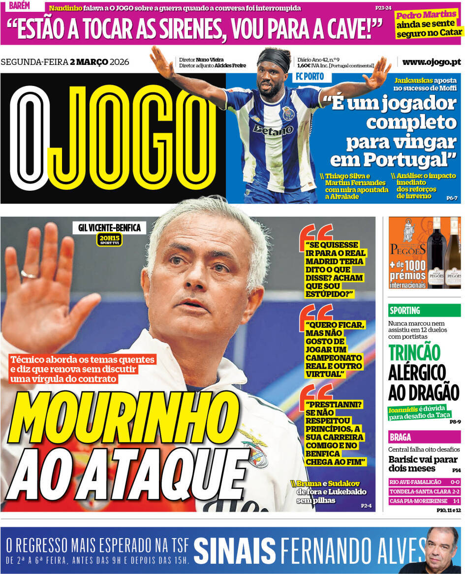 O Jogo: Capa da Edi&ccedil;&atilde;o de segunda-feira, 02 de mar&ccedil;o 2026