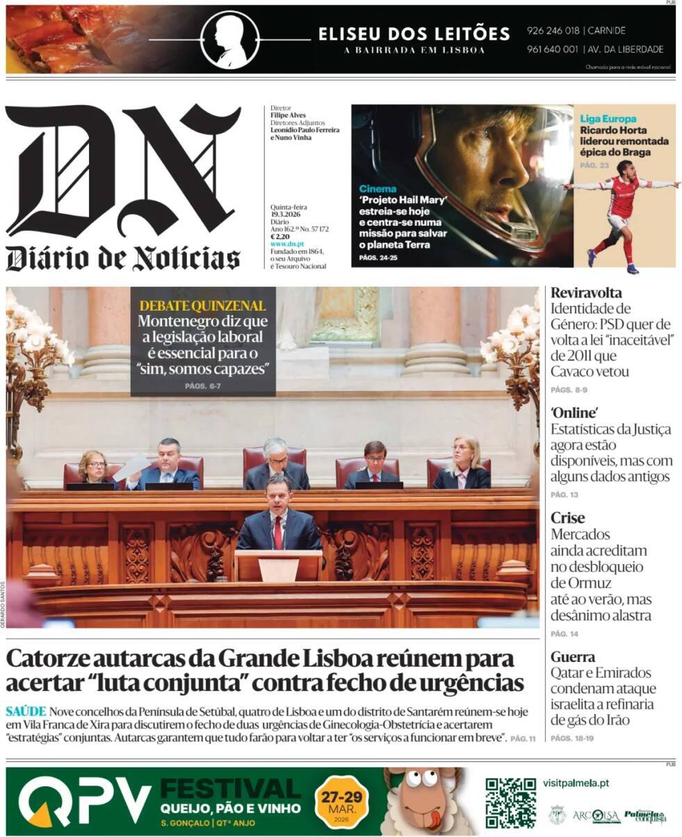 Di&aacute;rio de Not&iacute;cias: Capa da Edi&ccedil;&atilde;o de quinta-feira, 19 de mar&ccedil;o 2026