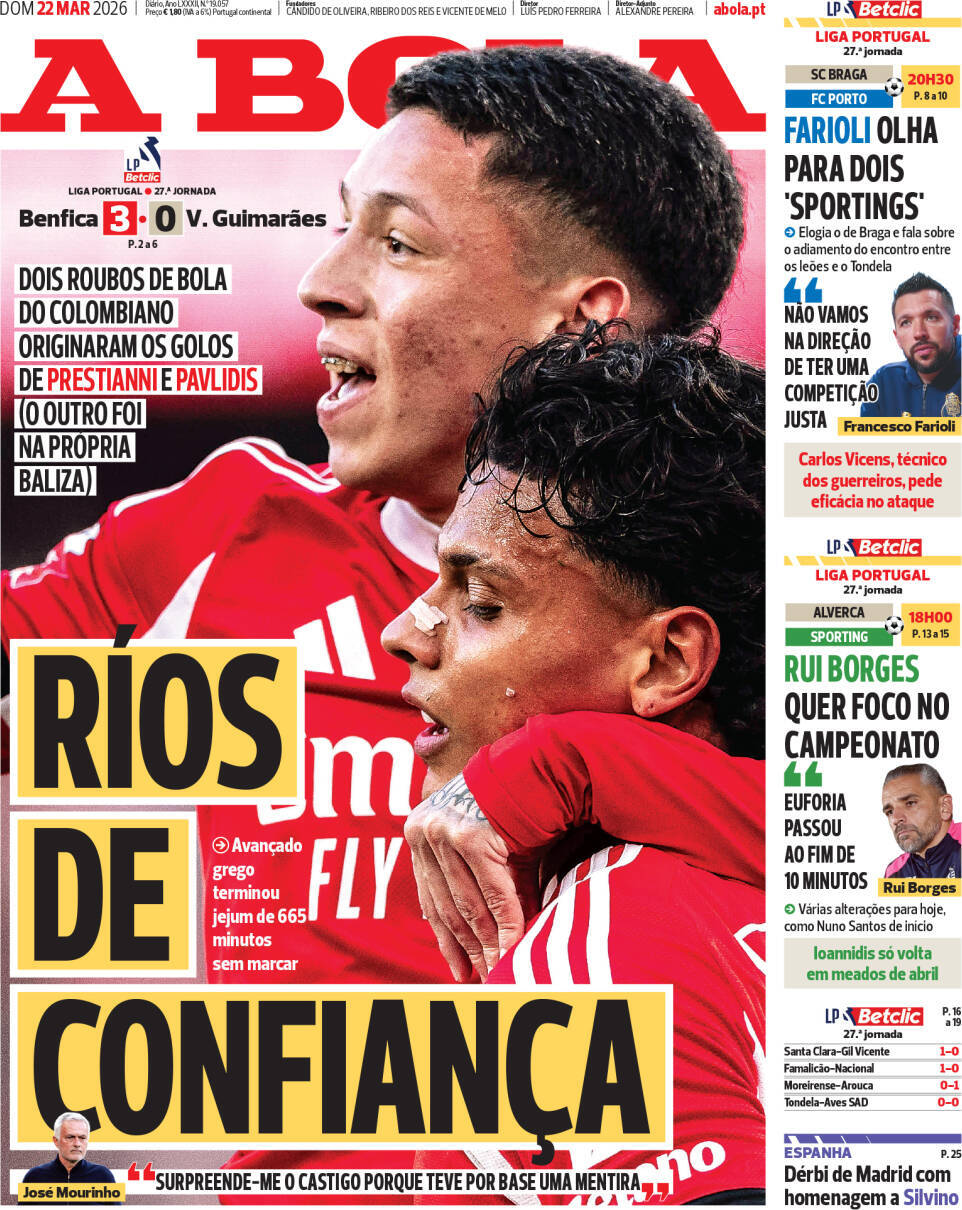 A Bola: Capa da Edi&ccedil;&atilde;o de domingo, 22 de mar&ccedil;o 2026