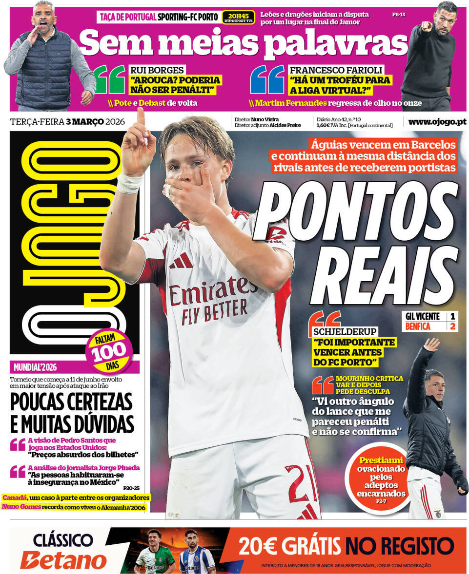 O Jogo: Capa da Edi&ccedil;&atilde;o de ter&ccedil;a-feira, 03 de mar&ccedil;o 2026