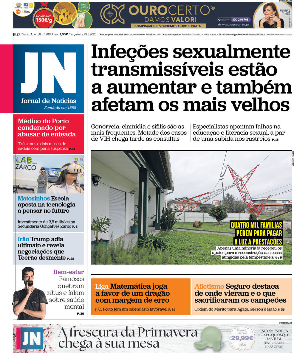 Jornal de Not&iacute;cias: Capa da Edi&ccedil;&atilde;o de ter&ccedil;a-feira, 24 de mar&ccedil;o 2026