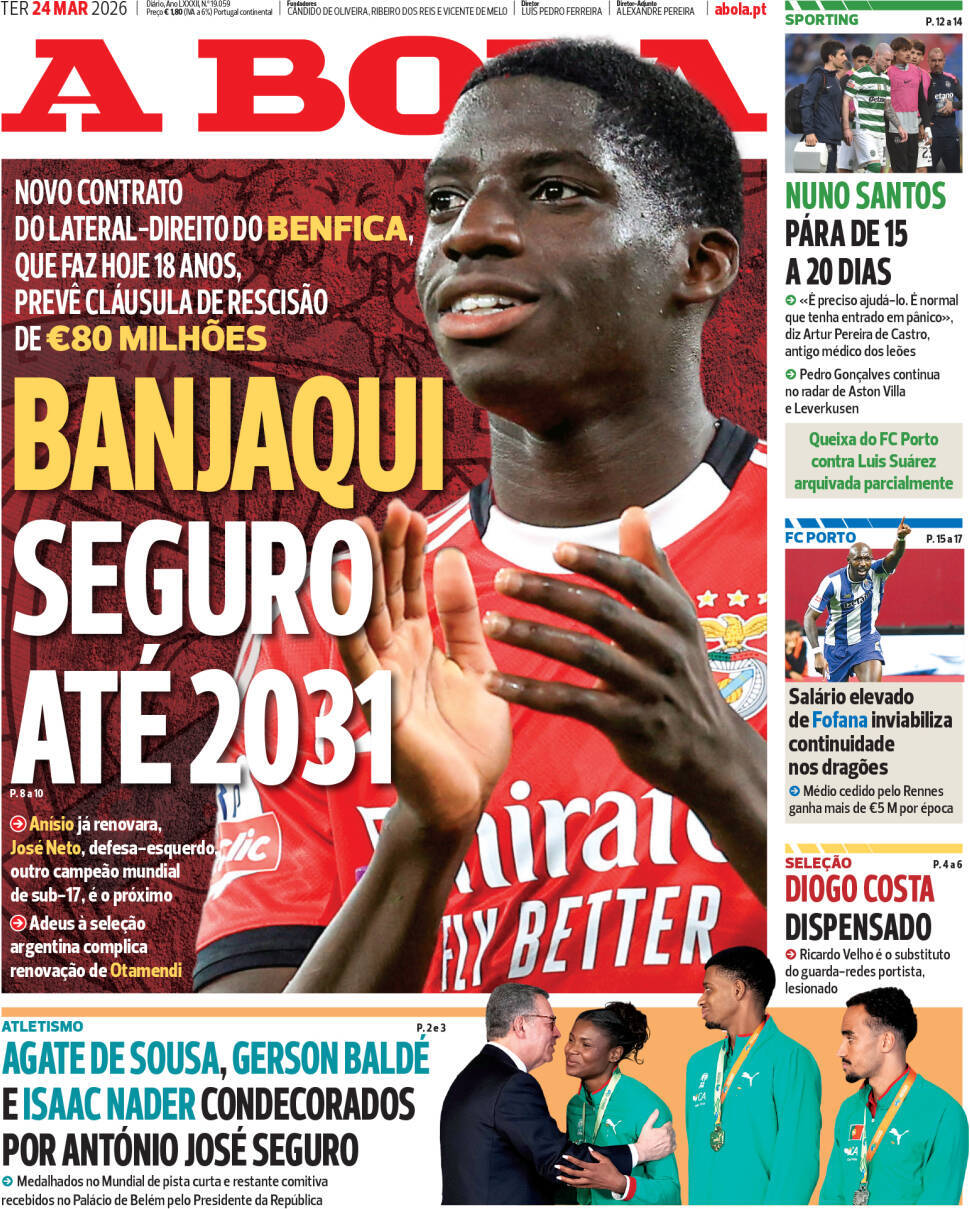 A Bola: Capa da Edi&ccedil;&atilde;o de ter&ccedil;a-feira, 24 de mar&ccedil;o 2026
