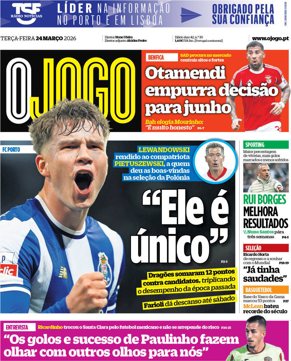 O Jogo: Capa da Edi&ccedil;&atilde;o de ter&ccedil;a-feira, 24 de mar&ccedil;o 2026