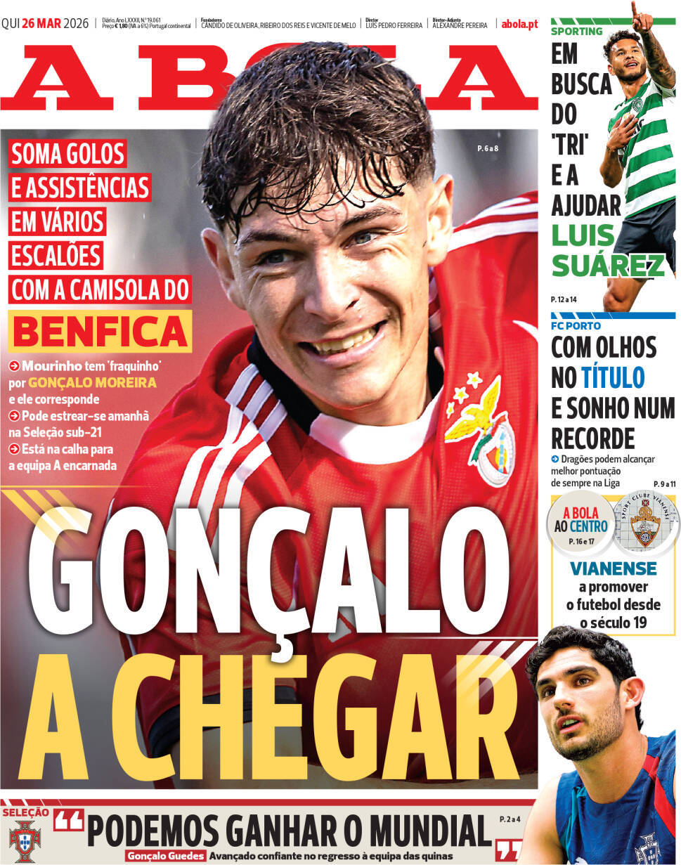 A Bola: Capa da Edi&ccedil;&atilde;o de quinta-feira, 26 de mar&ccedil;o 2026
