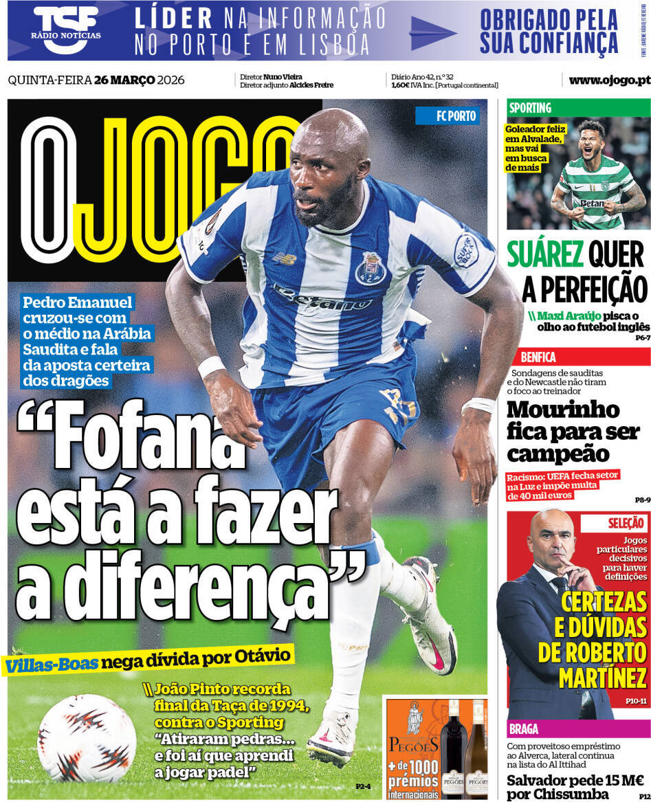 O Jogo: Capa da Edi&ccedil;&atilde;o de quinta-feira, 26 de mar&ccedil;o 2026