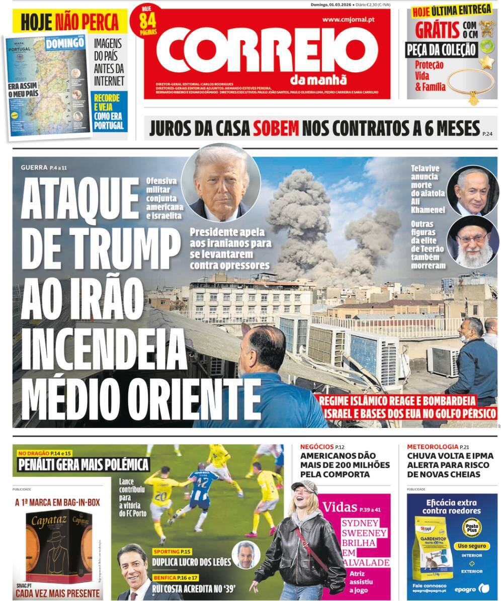 Correio da Manh&atilde;: Capa da Edi&ccedil;&atilde;o de domingo, 01 de mar&ccedil;o 2026