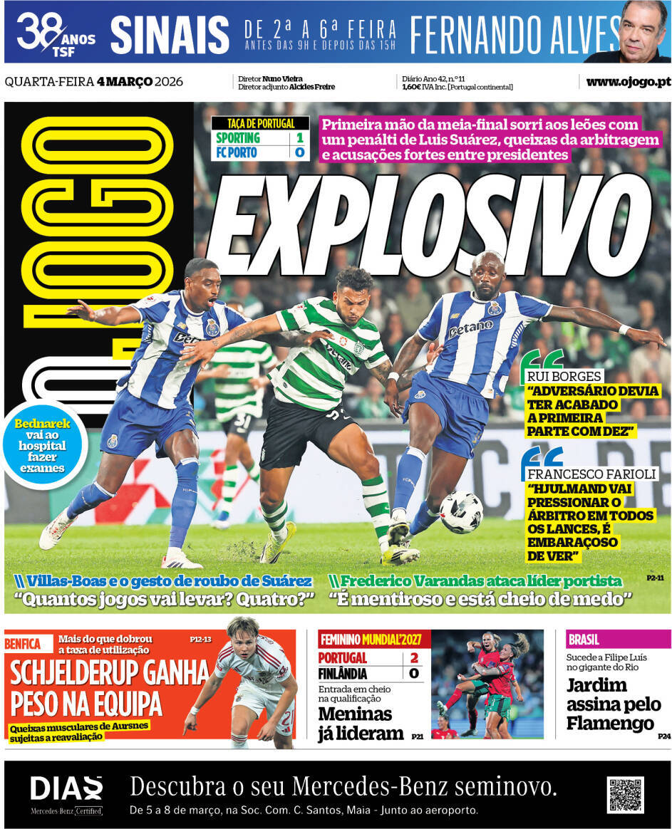 O Jogo: Capa da Edi&ccedil;&atilde;o de quarta-feira, 04 de mar&ccedil;o 2026